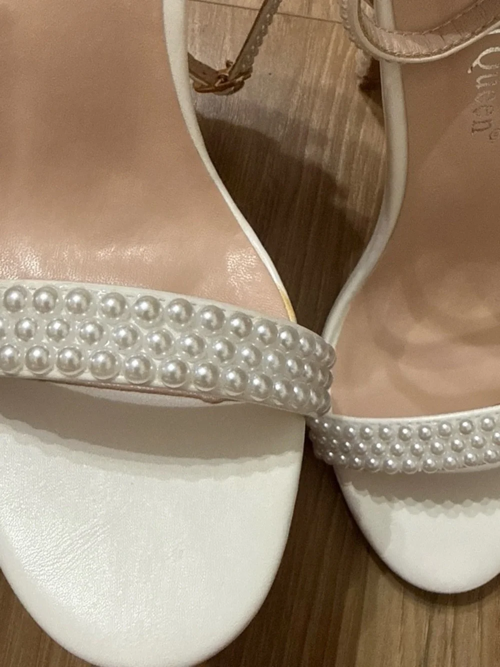 Pearl-Studded White Ankle-Strap Stilettos
